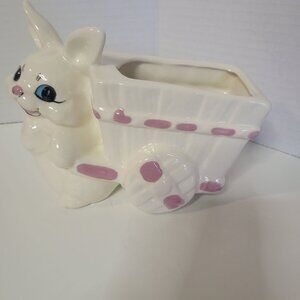 Vintage Midcentury Modern Ceramic Bunny Cart Planter White & Pink Easter Decor